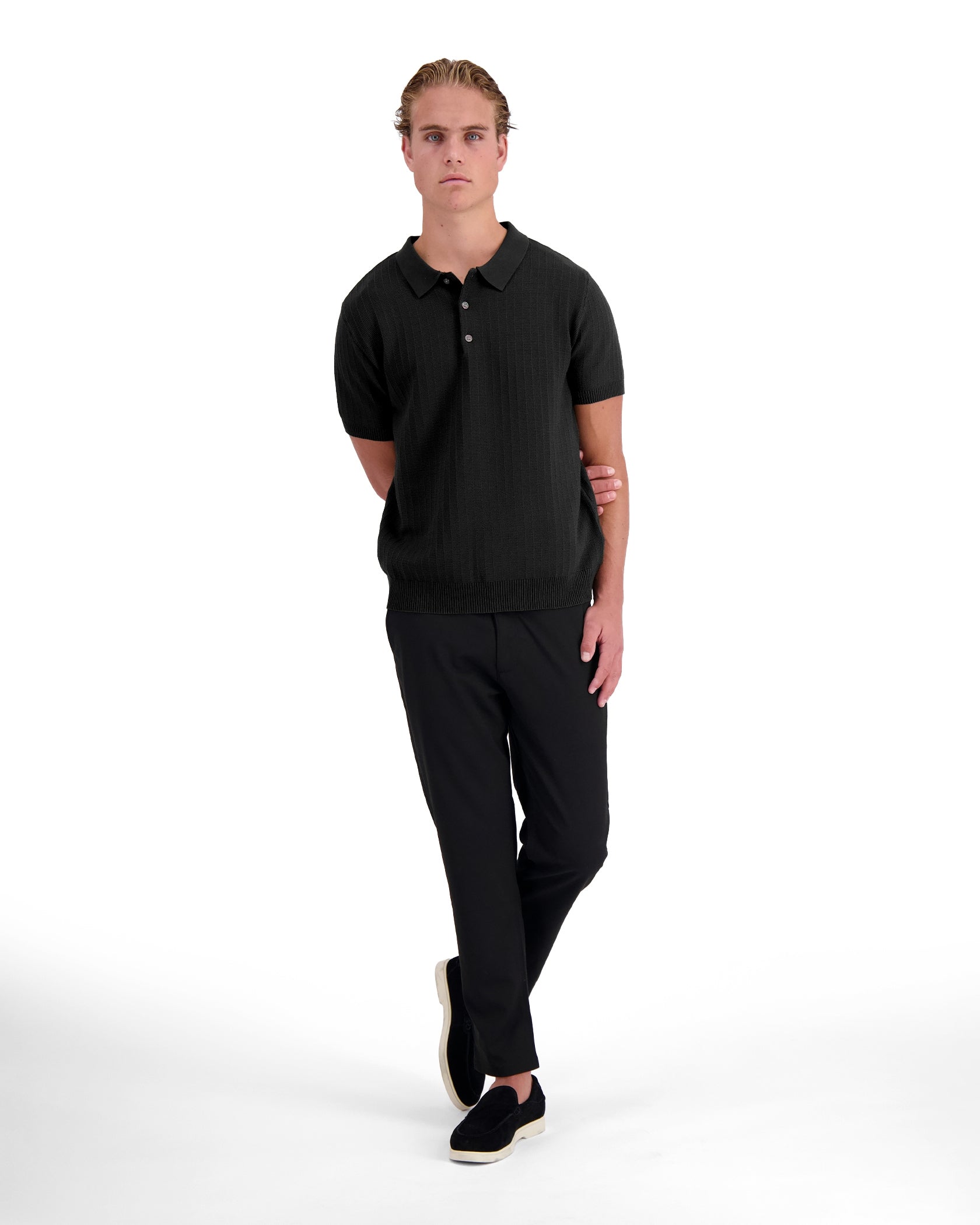 RIBBED KNIT POLO | Black