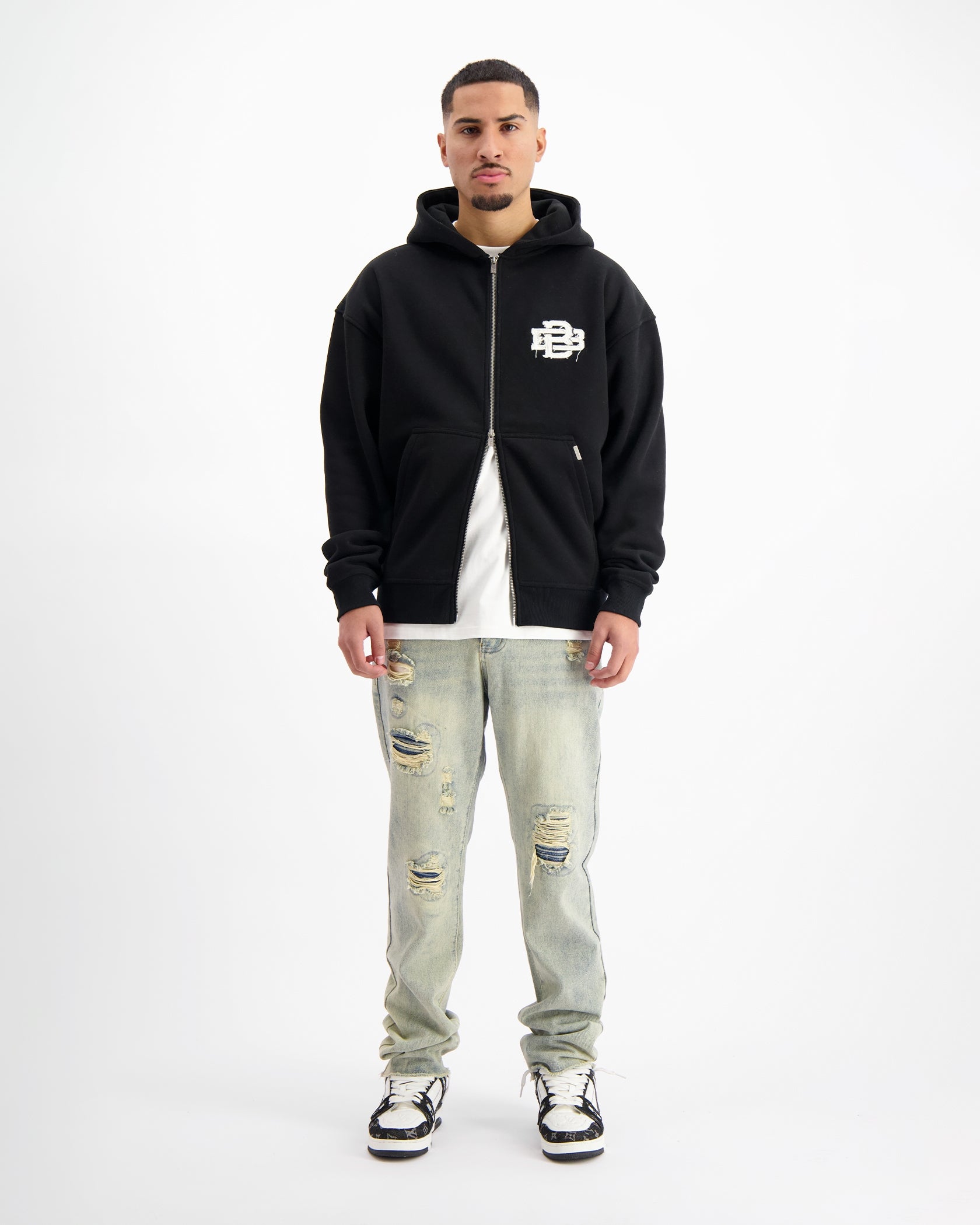 RIPPED ZIP HOODIE | Black